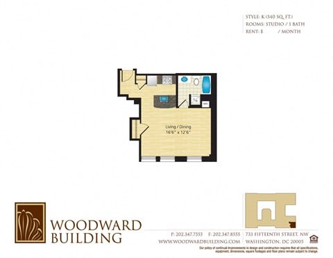 Floor plan for studio, 1 bath, 540 sqft